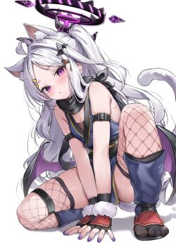 1girl absurdres ahoge alternate_costume animal_ear_fluff animal_ears arm_support bare_shoulders black_gloves black_halo black_scarf blue_archive blush breasts cat_ears cat_girl cat_tail demon_girl demon_horns demon_wings fingerless_gloves fingernails fishnet_thighhighs fishnets gehenna_academy_logo gloves hair_ornament hair_over_shoulder hair_tie hairclip halo hands_on_ground highres hina_(blue_archive) horns kemonomimi_mode loli long_hair looking_at_viewer low_wings nail_polish nekoya_minamo ninja parted_bangs parted_lips pelvic_curtain purple_eyes purple_nails revision scarf shuriken_hair_ornament side_ponytail simple_background skindentation small_breasts solo spread_legs squatting tail thighhighs thighs very_long_hair white_background white_hair wings