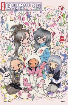 5girls absurdres animal_ears black_eyes black_hair black_skirt blue_track_suit blunt_bangs comic_cover company_name copyright_name cover cover_page dark-skinned_female dark_skin delinquent earrings english_text eyepatch fake_animal_ears freckles grey_leggings highres jewelry kanon_sainouchi leggings lightning_bolt_earrings lightning_bolt_symbol logo long_hair marvel maystorm_(marvel) medium_hair mori_(marvel) multiple_girls natsu_tsukishima nico_minoru official_art peach_momoko pink_shirt pleated_skirt ponytail purple_hair rabbit_ear_headwear rabbit_ears red_eyes runaways_(marvel) sailor_collar sailor_shirt seiza shirt sitting skirt sparkle spiked_hair tan track_suit x-men x-men:_children_of_the_atom