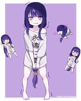 1girl absurdres bare_shoulders blush braid bright_pupils chibi clenched_teeth clothes_writing collarbone crawling eyes_visible_through_hair genshin_impact hand_on_own_hip hands_on_own_hips highres holding jahy-sama_wa_kujikenai! laughing long_hair long_sleeves looking_at_viewer low-braided_long_hair low-tied_long_hair mole mole_under_eye open_mouth outside_border oversized_clothes patatatan pointing purple_background purple_eyes purple_hair raiden_shogun shirt sick single_bare_shoulder solo t-shirt tearing_up teeth trembling tugging very_long_hair white_pupils white_shirt