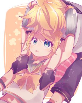 1girl aoi_choko_(aoichoco) arms_around_neck arms_up blonde_hair blue_eyes blush brother_and_sister crop_top detached_sleeves fortissimo hands_on_another&#039;s_head headphones headset highres hug hug_from_behind kagamine_len kagamine_len_(vocaloid4) kagamine_rin kagamine_rin_(vocaloid4) leaning_on_person leg_warmers looking_at_another looking_up lying navel on_back orange_background pillow sailor_collar shirt short_hair siblings sleeveless sleeveless_shirt twins v4x vocaloid