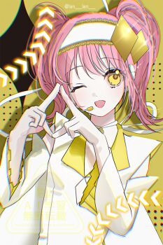 Rule 34 | 1girl, amulet dia, chromatic aberration, commentary request, diamond (shape), hairband, headset, hinamori amu, korean commentary, lan lan, magical girl, one eye closed, open mouth, shugo chara!, sidelocks, smile, solo, twintails, twitter username, upper body, yellow eyes