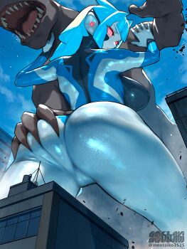 1girl altina_earth ass blue_hair breasts building color_timer colored_skin commentary deep_skin fighting from_behind from_below giant giant_monster giantess grabbing_another&#039;s_ass groping highres kaiju large_breasts looking_at_viewer looking_back metal_hair monster multicolored_skin nikunopengin original red_eyes short_hair silver_skin skin_tight skyscraper standing ultra_series