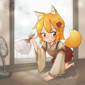 1girl 2020 20s :3 absurdres all_fours animal_ears barefoot blonde_hair blush brown_eyes dated electric_fan flower fox_ears fox_girl fox_tail hair_flower hair_ornament hakama hand_fan highres holding holding_fan irohiza january japanese_clothes kimono long_sleeves looking_at_viewer paper_fan red_hakama senko_(sewayaki_kitsune_no_senko-san) sewayaki_kitsune_no_senko-san short_hair smile tail white_kimono wide_sleeves