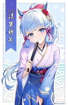 1girl 2026 absurdres alternate_costume alternate_hairstyle animal_ears artist_name ayaka_(genshin_impact) blue_eyes blue_hair blue_kimono blue_pupils braid breasts closed_mouth commentary commentary_request cowboy_shot english_commentary flower folded_fan folding_fan genshin_impact gradient_clothes gradient_kimono hair_flower hair_ornament hair_ribbon hand_fan happy_new_year highres holding holding_fan horse_ears japanese_clothes kemonomimi_mode kimono leaning_forward looking_at_viewer medium_breasts mixed-language_commentary mole mole_under_eye new_year obi obiage obijime print_kimono revision ribbon ryo-suzuki sash single_braid smile solo translation_request