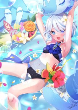 Rule 34 | 1girl, :d, ahoge, alternate costume, armpits, arms up, ascot, azuma yuki, bikini, black bikini, blue ascot, blue bikini, blue eyes, blue gem, blue hair, blue pupils, blush, breasts, collarbone, commentary request, cup, drop-shaped pupils, flower, food, fruit, furina (genshin impact), gem, genshin impact, gentilhomme usher, hair between eyes, heterochromia, highres, holding, holding cup, innertube, looking at viewer, mademoiselle crabaletta, medium breasts, medium hair, multicolored bikini, multicolored hair, navel, on innertube, open mouth, orange flower, red flower, signature, smile, solo, stomach, streaked hair, surintendante chevalmarin, swim ring, swimsuit, symbol-shaped pupils, teardrop-shaped gem, two-tone bikini, water, watermelon, watermelon slice, wet, white flower, white hair