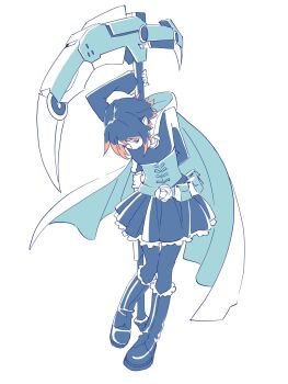 1girl 55bata6rou arm_behind_back arm_up belt_pouch boots cape closed_eyes corset crescent_rose dress frilled_dress frills full_body highres holding holding_scythe holding_sword holding_weapon knee_boots multicolored_hair pantyhose partially_colored pouch red_hair ruby_rose rwby scythe short_hair simple_background solo standing sword weapon white_background