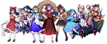 6+girls apron aqua_boots aqua_hair aqua_jacket aqua_skirt ascot bag black_hair black_hat black_ribbon black_shoes black_skirt black_socks black_vest black_wings blonde_hair blue_eyes blue_shoes blue_skirt boots bow braid brown_eyes brown_hair closed_mouth collared_shirt detached_sleeves dress drum footwear_bow frilled_shirt_collar frills frog_hair_ornament full_body gloves gohei green_hat green_skirt hair_between_eyes hair_bow hair_ornament hakurei_reimu hand_fan hand_on_own_hip hat hat_bow hat_ribbon hauchiwa highres holding holding_fan holding_gohei instrument jacket kawashiro_nitori kirisame_marisa kneehighs kochiya_sanae layered_sleeves leaf_hair_ornament long_hair long_sleeves looking_at_viewer mary_janes matara_okina mob_cap multiple_girls neck_ribbon onbashira orange_sleeves orange_tabard paw_print_soles puffy_short_sleeves puffy_sleeves purple_eyes purple_tabard red_bow red_hat red_ribbon red_shirt red_skirt ribbon rope sandals shameimaru_aya shimenawa shirt shoes short_hair short_over_long_sleeves short_sleeves shoulder_bag side_braid single_braid skirt sleeveless sleeveless_shirt smile socks standing tabard tokin_hat touhou trigram very_long_hair vest waist_apron white_apron white_bow white_dress white_gloves white_hat white_shirt white_sleeves white_socks wide_sleeves wings witch_hat yakumo_yukari yasaka_kanako yellow_ascot yellow_eyes yinco
