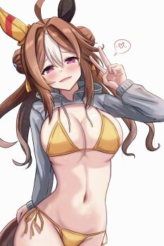 Rule 34 | 1girl, absurdres, ahoge, animal ears, bikini, blush, breasts, brown hair, commentary request, copano rickey (umamusume), double bun, ear covers, fang, grey shrug, hair between eyes, hair bun, hair ornament, heart, highres, horse ears, horse girl, horse tail, large breasts, lio (maguri), long hair, looking at viewer, mismatched ear covers, multicolored hair, navel, open mouth, purple eyes, shrug (clothing), smile, solo, spoken heart, stomach, swimsuit, tail, tassel, tassel hair ornament, umamusume, v, white hair, yellow bikini