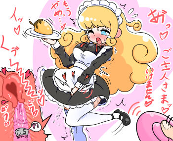 1girl absurdres apron between_legs black_dress black_shoes blonde_hair blue_eyes blush breasts bright_pupils controller covered_erect_nipples cross-section dildo disembodied_hand dress drooling ear_blush english_text female_focus female_orgasm flying_sweatdrops food frilled_apron frilled_dress frills half-closed_eye hand_between_legs hand_up heart highres holding holding_food holding_plate holding_remote_control japanese_text knees_together_feet_apart leg_up long_hair long_sleeves maid maid_apron maid_headdress medium_breasts mixed-language_text moaning mouth_drool mskdabc neck_ribbon nose_blush object_insertion one_eye_closed open_mouth orgasm orgasm_counter original outline pink_background plate pov pudding pussy_juice raised_eyebrows red_ribbon remote_control remote_control_vibrator ribbon sex_toy shoes short_dress sidelocks solo_focus spoken_heart standing standing_on_one_leg swept_bangs talking tears thighhighs tongue translation_request trembling vaginal vaginal_object_insertion vibrator vibrator_under_clothes white_apron white_outline white_pupils white_thighhighs wince