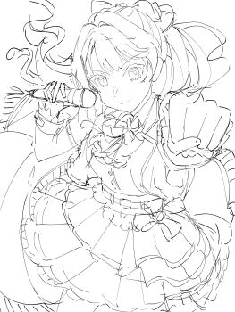 &gt;:) 1girl absurdres bow bowtie clenched_hand closed_mouth collared_shirt commentary cowboy_shot dress_shirt frilled_skirt frills greyscale hair_bow highres jacket link!_like!_love_live! long_hair looking_at_viewer love_live! microphone monochrome murano_sayaka official_alternate_costume open_clothes open_jacket pleated_skirt ponytail shirane_nanimo shirt skirt smile solo taiyou_de_are! unfinished v-shaped_eyebrows vest virtual_youtuber