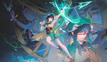 Rule 34 | 1boy, 1girl, absurdres, aqua hair, barbatos (genshin impact), beret, black bow, black bowtie, black hair, bow, bow (weapon), bowtie, braid, cape, center frills, chinese commentary, closed eyes, commentary request, daybreak chronicles (genshin impact), drawing bow, energy arrow, frills, gem, genshin impact, gradient hair, green eyes, green gemstone, green hat, green shorts, hair between eyes, halo, hat, highres, holding, holding bow (weapon), holding weapon, istaroth (genshin impact), loafers, long sleeves, male focus, mondstadt city, multicolored hair, multiple views, pantyhose, shirt, shoes, short hair with long locks, shorts, twin braids, venti (genshin impact), vision (genshin impact), weapon, white pantyhose, yunmaojan