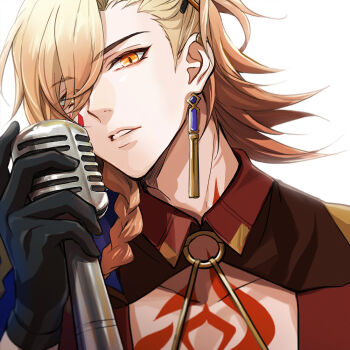 1boy alternate_costume black_gloves braid chest_tattoo collarbone earrings gloves gradient_hair hair_ornament hair_over_one_eye hairclip hashtag-only_commentary highres holding holding_microphone_stand honkai:_star_rail honkai_(series) jewelry looking_at_viewer male_focus medium_hair microphone_stand multicolored_hair mydei_(honkai:_star_rail) orange_eyes parted_lips piercing red_tattoo ronigs short_sideburns side_braid simple_background slit_pupils solo tattoo upper_body white_background wing_collar