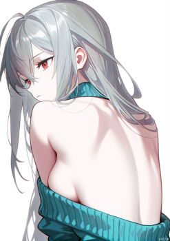 1girl absurdres aqua_shirt arknights back backless_outfit breasts closed_mouth commentary_request expressionless from_behind grey_hair highres long_hair medium_breasts phoenix_(lanzilong646) red_eyes shirt sideboob simple_background skadi_(arknights) solo upper_body very_long_hair white_background