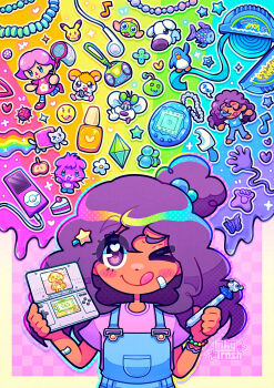 Rule 34 | 1girl, absurdres, animal crossing, bandaid, bead necklace, beads, bird, black hair, bug, cake, candy necklace, character request, chewing gum, club penguin, colorful, copyright request, curly hair, dark-skinned female, dark skin, dog, dubble bubble, emoji, food, gen 1 pokemon, hamtaro, hamtaro (series), handheld game console, highres, inky trash, insect, ipod, jewelry, keroro, keroro gunsou, ladybug, littlest pet shop, maplestory, mp3 player, nail polish, necklace, nintendo, nintendo ds, nintendogs, nyan cat, one eye closed, original, penguin, pikachu, pokemon, popsicle, purple eyes, rainbow, rainbow order, star (symbol), sticky hand, stylus, the rainbow fish, the rainbow fish (series), the sims, tongue, tongue out, villager (animal crossing)