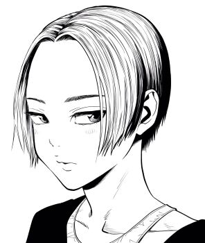 Rule 34 | 1girl, collarbone, commentary request, eyelashes, forehead, hatching (texture), highres, lee (dragon garou), light blush, lips, monochrome, original, portrait, profile, shirt, short hair, sideways glance, solo, tank top