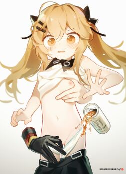 1girl aged_down assisted_exposure blush breasts brown_eyes brown_hair can clothes_lift commentary_request disembodied_hand dropping energy_drink girls&#039;_frontline gloves grabbing_another&#039;s_breast grabbing_from_behind groping hair_ornament hairclip highres lifting_another&#039;s_clothes loli long_hair midriff monster_energy navel nipples official_alternate_costume open_mouth panties panty_pull pulling_another&#039;s_clothes scar scar_across_eye scar_on_face shirt_lift small_breasts spilling surprised tianliang_duohe_fangdongye twintails ump9_(girls&#039;_frontline) ump9_(shiba_investigator)_(girls&#039;_frontline) underwear