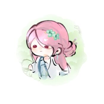 Rule 34 | 1girl, bamboo print, blue hanfu, brown eyes, chibi, chinese clothes, chinese commentary, circle, closed mouth, commentary request, earrings, endless longing (infinity nikki), fengmi youzi hua, flower, green flower, hair between eyes, hair bun, hair flower, hair ornament, hairpin, hand on own chin, hanfu, happy, highres, infinity nikki, jewelry, light blush, light particles, long hair, long hair between eyes, long sleeves, looking ahead, nikki (series), pink hair, robe, single hair bun, smile, solid oval eyes, solo, straight hair, very long hair, white background, white robe, wide sleeves