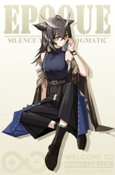 1girl absurdres ahoge arknights bare_shoulders belt belt_buckle black_belt black_boots black_hair black_pants black_shirt boots bright_pupils buckle character_name chinese_commentary closed_mouth colored_inner_hair commentary_request crossed_bangs drop_shadow english_text expressionless full_body grey_hair hair_between_eyes hand_in_own_hair hand_up heizi highres knee_boots long_hair multicolored_hair official_alternate_costume pants rhine_lab_logo shirt silence_(arknights) silence_the_paradigmatic_(arknights) silence_the_paradigmatic_(habitat)_(arknights) sitting sleeveless sleeveless_shirt solo turtleneck turtleneck_shirt white_pupils wristband yellow_eyes