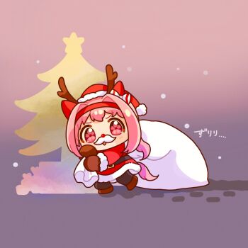 1girl animal_ears antlers black_pantyhose blush_stickers bow brown_gloves brown_shoes chibi chibi_only christmas christmas_tree commentary_request dress ear_bow facial_hair full_body fur-trimmed_dress fur-trimmed_headwear fur-trimmed_sleeves fur_trim gloves hair_intakes hairband haru_urara_(umamusume) hat highres holding holding_sack horns horse_ears horse_girl horse_tail long_hair long_sleeves looking_at_viewer mochiusasa mustache open_mouth pantyhose pink_background pink_hair red_hairband red_hat reindeer_antlers sack santa_costume santa_dress santa_hat shoes solo standing tail umamusume white_bow