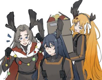1boy 2girls antlers black_bow black_hair bow box brown_hair brown_hairband cape christmas christmas_ornaments fur-trimmed_cape fur_trim green_eyes hair_bow hairband hashtag-only_commentary highres holding holding_box hong_lu_(project_moon) horns ishmael_(project_moon) limbus_company linnn_ovo long_hair multiple_girls open_mouth orange_hair parted_bangs pouch project_moon r_corp._(identity)_(project_moon) red_cape reindeer_antlers rodion_(project_moon) rope sidelocks simple_background very_long_hair white_background white_bow