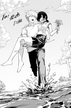 1boy 1girl arm_around_neck artist_name barefoot beach_umbrella blush carrying chainsaw_man cloud commentary commission commissioner_name denji_(chainsaw_man) dollllls2 flower greyscale hair_over_one_eye hetero highres holding holding_flower looking_at_another monochrome open_mouth outdoors princess_carry reze_(chainsaw_man) sample_watermark sharp_teeth shirt sleeveless sleeveless_shirt symbol-only_commentary t-shirt teeth umbrella wading watermark waves