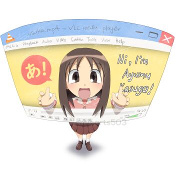 Rule 34 | 1girl, :d, absurdres, azumanga daioh's school uniform, azumanga daiou, brown eyes, brown hair, commentary, eminarts503, english commentary, english text, full body, hands up, highres, kasuga ayumu, long sleeves, looking at viewer, media player interface, microsoft windows, open mouth, pink shirt, sailor collar, school uniform, serafuku, shirt, simple background, smile, solo, standing, traffic cone, user interface, vlc media player, white background, white sailor collar, window (computing), windows 11, winter uniform
