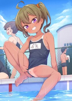 1boy 3girls adversarial_noise ahoge bar_censor barefoot black_one-piece_swimsuit blush brown_hair censored cleft_of_venus clothing_aside cloud collarbone day feet grin hair_ornament hair_scrunchie highres kanabun loli looking_at_viewer multiple_girls name_tag one-piece_swimsuit one-piece_swimsuit_aside orange_scrunchie original outdoors pool poolside pulling_own_clothes purple_eyes pussy school_swimsuit scrunchie short_twintails sky smile swimsuit swimsuit_aside tan tanline toes twintails water wet wet_clothes