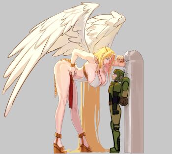 1boy 1girl angel_wings ass astra_militarum backpack bag bent_over breasts broken_pillar commentary english_commentary genderswap genderswap_(mtf) giant giantess grey_background height_difference helmet highres huge_ass huge_breasts kabedon long_hair looking_at_another pelvic_curtain pillar podobrick sanguinius simple_background smile tall_female very_long_hair warhammer_40k wings