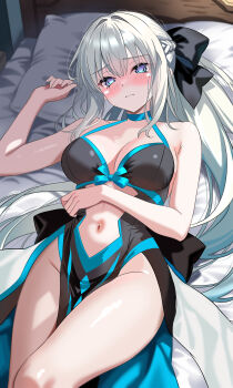 1girl absurdres bare_shoulders black_bow blue_eyes blush bow breasts clothing_cutout commentary_request fate/grand_order fate_(series) full-face_blush grey_hair hair_bow highres large_breasts long_hair lying mokyukyu_2339 morgan_le_fay_(fate) navel navel_cutout on_bed on_pillow solo thighs very_long_hair wavy_mouth