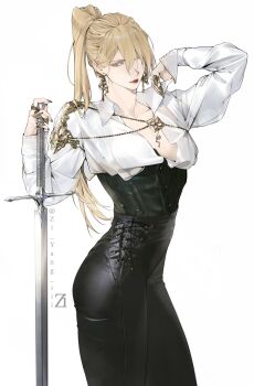 1girl absurdres black_corset black_pants blonde_hair blue_gem breasts cheng_(zi74438982) chinese_commentary claw_ring closed_mouth collared_shirt commentary commentary_request corset cowboy_shot cross cross-laced_pants cross_earrings dress_shirt earrings expressionless gem grey_nails hair_between_eyes hand_on_hilt high-waist_pants highres jewelry leather leather_pants lipstick long_hair long_sleeves looking_at_viewer makeup medium_breasts multiple_rings nail_polish one_eye_closed original pants ponytail procreate_(medium) red_gemstone red_lips ring shirt simple_background solo standing sword tight_clothes tight_pants twitter_username very_long_fingernails very_long_hair weapon white_background white_shirt yellow_eyes