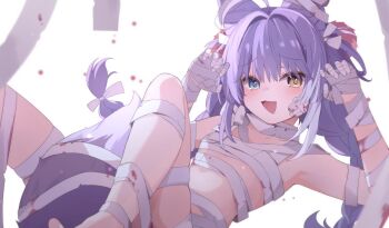 Rule 34 | 1girl, :d, bandages, blood, blood splatter, blue eyes, blush, choppy bangs, claw pose, commentary, fang, feet out of frame, flat chest, hair intakes, hair ornament, hands up, henaaaa, heterochromia, highres, long hair, looking at viewer, naked bandage, open mouth, pom pom (clothes), pom pom hair ornament, purple hair, raised inner eyebrows, reclining, simple background, smile, solo, stellive, untranslatable commentary, tenko shibuki, virtual youtuber, white background, yellow eyes