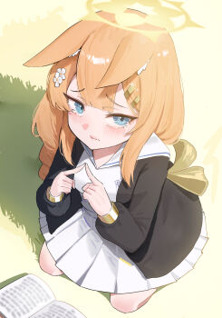 1girl absurdres animal_ear_fluff animal_ears black_jacket blue_archive blue_eyes blush book crying crying_with_eyes_open day dress ears_down fidgeting flower fluffyebi01 from_above hair_flower hair_ornament hair_rings hairclip halo highres jacket kneeling long_hair looking_at_viewer mari_(blue_archive) open_book open_clothes open_jacket orange_hair outdoors sailor_collar sailor_dress solo tears white_dress white_flower white_sailor_collar