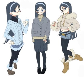 1girl :3 absurdres belt blue_eyes blue_hair boots commentary_request cropped_jacket denim denim_shorts denim_skirt full_body fur-trimmed_boots fur-trimmed_shorts fur_trim glasses hair_ornament hairband hand_on_own_hip highres long_hair long_sleeves midriff multiple_views navel original pantyhose pleated_skirt rabbit_hair_ornament red-framed_eyewear shorts skirt sleeves_past_wrists smile standing standing_on_one_leg stomach_tattoo sweater tattoo veloexotica very_long_hair