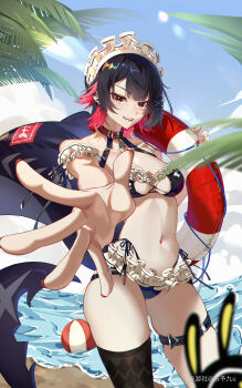 Rule 34 | 1girl, absurdres, bare shoulders, beach, bikini, black bikini, black hair, black thighhighs, breasts, chinese commentary, colored inner hair, commentary request, ellen joe, fins, fish tail, highres, holding, holding swim ring, innertube, looking at viewer, maid headdress, medium breasts, mole, mole under eye, multicolored hair, navel, orange eyes, outdoors, reaching, reaching towards viewer, red nails, shark girl, shark tail, short hair, side-tie bikini bottom, smile, solo, suyujiu u, swim ring, swimsuit, tail, thigh strap, thighhighs, zenless zone zero