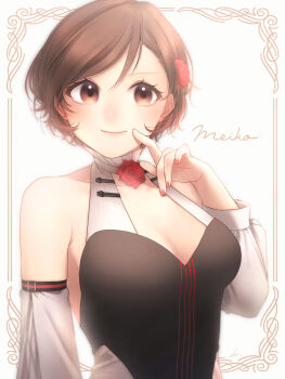 1girl absurdres after0217 bare_shoulders bow_(music) breasts brown_eyes brown_hair character_name cleavage closed_mouth collarbone commentary_request detached_sleeves dress flower high_collar highres jewelry large_breasts long_sleeves looking_at_viewer meiko_(vocaloid) miku_symphony_(vocaloid) nail_polish pink_nails red_flower red_rose rose short_hair sleeveless sleeveless_dress smile solo upper_body vocaloid white_sleeves