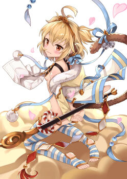 10s 1girl andira_(flower_frolic)_(granblue_fantasy) andira_(granblue_fantasy) animal_ears arms_at_sides ass bare_shoulders blonde_hair breasts detached_sleeves erune female_focus from_behind granblue_fantasy hair_between_eyes highres light_smile looking_at_viewer monkey_ears monkey_tail nipples red_eyes short_hair small_breasts soles solo striped_clothes striped_thighhighs tail thighhighs toeless_legwear toes two_side_up xuan_chu