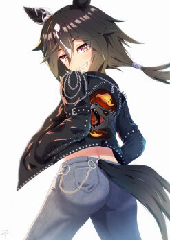 1girl absurdres alternate_costume animal_ears ass black_jacket blush brown_hair commentary_request cowboy_shot denim dinosaur dragon ear_covers ear_ornament grin hair_between_eyes hands_in_pockets highres horse_ears horse_girl horse_tail jacket jeans leather leather_jacket looking_at_viewer multicolored_hair open_clothes open_jacket pants simple_background smile solo stay_gold_(umamusume) streaked_hair studded_jacket tail thenekrock umamusume wallet_chain white_background white_hair yellow_eyes