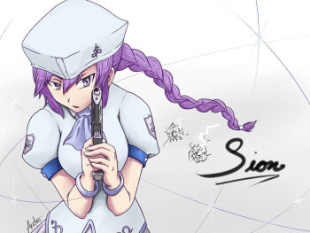 Rule 34 | 1girl, 4rcher, barrel replica (type-moon), beret, blonde hair, bracelet, braid, breasts, bullet hole, character name, glint, gun, hair between eyes, handgun, hat, holding, holding gun, holding weapon, jewelry, long hair, looking at viewer, melty blood, official alternate color, open mouth, purple hair, shirt, single braid, sion eltnam (type-moon), sion eltnam atlasia, skirt, tsukihime, very long hair, weapon, white shirt, white skirt