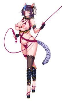 1girl :p absurdres armlet bikini blush bra breastless_bikini breasts cleavage clothes_lift cupless_bra curvy fingerless_gloves full_body gloves hair_ornament hair_over_one_eye highleg highleg_bikini highres horns jewelry kururi_fuyutsuki large_breasts lifting_own_clothes lilith-soft mask mask_on_head nail_polish navel nipple_cutout nippleless_clothes nipples official_art oni_horns panties parted_lips pink_bikini pink_bra pink_nails pink_panties pink_toenails platform_clogs platform_footwear pointy_ears puffy_areolae purple_hair pussy_juice pussy_juice_trail revealing_clothes saijou_satoru shiny_skin showgirl_skirt sideboob simple_background single_thighhigh skindentation skirt skirt_lift smile solo standing swimsuit tagme tail taimanin_(series) taimanin_rpgx thigh_strap thighhighs thong tongue tongue_out underboob underwear white_background yellow_eyes