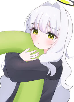 1girl absurdres black_halo black_shirt blue_archive blush commentary_request from_side green_eyes green_halo hair_between_eyes hair_intakes halo hare_(blue_archive) hare_(pajamas)_(blue_archive) herananu117 highres hugging_object long_hair long_sleeves looking_at_viewer official_alternate_costume pillow pillow_hug shirt sidelocks simple_background solo upper_body very_long_hair white_background white_hair