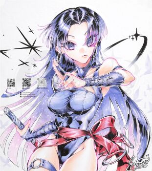 1girl black_hair blunt_ends breasts commentary cowboy_shot earrings gradient_hair hashtag-only_commentary highres holding holding_sword holding_weapon hoop_earrings jewelry katana large_breasts leotard long_hair looking_at_viewer marvel marvel_rivals multicolored_hair o-ring o-ring_thigh_strap official_alternate_costume parted_bangs parted_hair pink_hair psylocke psylocke_(sai) psylocke_(vengeance) purple_eyes purple_hair purple_leotard purple_nails qr_code red_sash ringed_eyes sample_watermark sash silver_earrings solo sparkle sunao_saito superhero_costume sword symbol-only_commentary thigh_strap watermark weapon white_background x-men