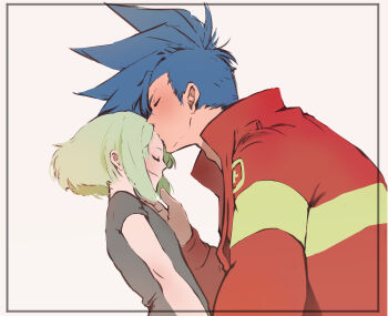 2boys aus_vaka black_shirt blue_hair blush border closed_eyes collared_jacket commentary_request couple firefighter_jacket galo_thymos green_hair grey_background hair_behind_ear highres jacket kiss kissing_forehead lio_fotia long_sleeves male_focus mohawk multiple_boys popped_collar promare shirt short_hair short_sleeves sideburns simple_background t-shirt upper_body yaoi