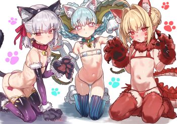 3girls absurdres animal_collar animal_ears animal_hands ass bell bikini blonde_hair blue_hair blue_thighhighs cat_ears cat_tail collar dragon_tail earrings ebora elbow_gloves fake_animal_ears fate/grand_order fate_(series) flat_chest floating_earrings fur-trimmed_gloves fur_trim gloves grey_hair hair_ribbon highres horns jewelry kama_(fate) kama_(young)_(fate) kneeling larva_tiamat_(fate) loli looking_at_viewer multiple_girls navel neck_bell nero_claudius_(fate) paw_gloves paw_print paw_print_background pink_eyes pointy_ears purple_bikini purple_gloves purple_thighhighs queen_draco_(fate) red_eyes red_gloves red_thighhighs ribbon ribs short_hair simple_background swimsuit tail thighhighs tiamat_(fate) twitter_username white_gloves