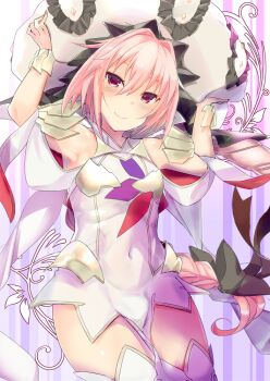 1boy armpits astolfo_(fate) blush braid cape cosplay dress fang fate/apocrypha fate/grand_order fate_(series) flower gloves hair_intakes hair_ribbon hat long_hair looking_at_viewer male_focus marie_antoinette_(fate) marie_antoinette_(fate)_(cosplay) marie_antoinette_(third_ascension)_(fate) open_mouth p_answer pink_hair purple_eyes ribbon single_braid sleeveless smile solo thighhighs trap twintails