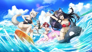 4girls :d animal_ear_fluff animal_ears artist_collaboration bikini black_bikini black_hair black_one-piece_swimsuit blonde_hair breasts cleavage closed_mouth day delta_(kagejitsu) dolphin_wave game_asset green_eyes grey_hair highres inflatable_orca inflatable_toy kage_no_jitsuryokusha_ni_naritakute! large_breasts long_hair low-tied_long_hair medium_hair multiple_girls navel non-web_source ocean one-piece_swimsuit ootomo_takuji open_mouth outdoors parted_lips purple_eyes red_bikini red_hair sakimiya_iruka sarah_anthony self-datamine short_hair smile surfing swimsuit tail very_long_hair wolf_ears wolf_girl wolf_tail zeta_(kagejitsu)