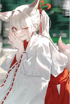 1girl animal_ear_fluff animal_ears blanc_(nikke) blush commentary facial_mark fang gjz1227 goddess_of_victory:_nikke hair_between_eyes hair_ribbon hakama heart heart_facial_mark highres japanese_clothes kemonomimi_mode kimono long_sleeves looking_at_viewer makeup miko one_eye_closed orange_eyes own_hands_together red_hakama red_ribbon ribbon ribbon-trimmed_sleeves ribbon_trim sidelocks solo tail white_hair white_kimono wide_sleeves