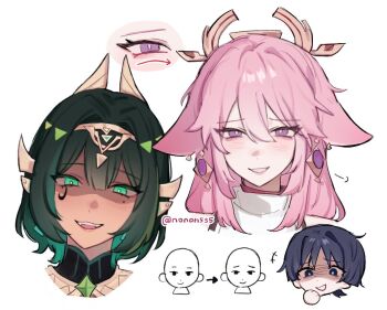 1boy 2girls :d black_hair bright_pupils dark-skinned_female dark_skin facial_mark genshin_impact green_eyes green_hair grin looking_at_viewer multiple_girls nefer_(genshin_impact) nonons open_mouth pink_hair purple_eyes scaramouche_(genshin_impact) shirt short_hair simple_background smile white_background white_pupils white_shirt yae_miko