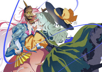 2girls absurdres black_hat blue_shirt bow broken_mask green_hair green_skirt hand_fan hat hat_bow hata_no_kokoro highres kiss komeiji_koishi long_hair mask multiple_girls oni_mask pink_hair pink_skirt shirt simple_background skirt sokura_(mochichitose) touhou white_background yellow_shirt yuri