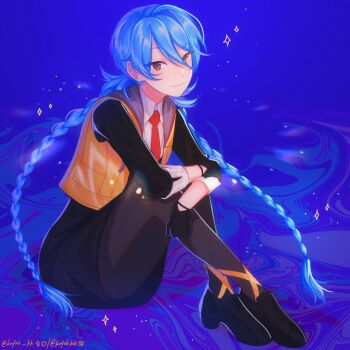 1girl ai_the_somnium_files ai_the_somnium_files:_nirvana_initiative black_footwear black_gloves blue_hair braid brown_eyes closed_mouth collared_shirt commentary english_commentary full_body gloves hair_between_eyes heterochromia highres koifish_kk long_hair long_sleeves looking_at_viewer necktie okiura_mizuki pantyhose red_necktie shirt sitting three-quarter_sleeves solo star_(symbol) twin_braids twintails twitter_username very_long_hair vest yellow_eyes