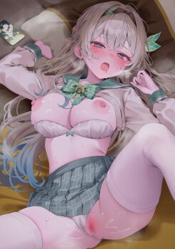 1girl absurdres bed black_hairband blue_eyes blush bow bowtie bra bra_pull breasts breath cellphone censored clothes_pull clothing_aside feet_out_of_frame firefly_(honkai:_star_rail) firefly_(spring_missive)_(honkai:_star_rail) from_above green_bow green_bowtie green_pupils green_sailor_collar green_skirt grey_hair hair_between_eyes hairband hands_up highres honkai:_star_rail honkai_(series) large_breasts long_hair long_sleeves looking_at_viewer lying mosaic_censoring nipples official_alternate_costume on_back on_bed open_mouth panties panties_aside phone pillow pussy pussy_juice reel_(riru) sailor_collar school_uniform serafuku shirt skirt smartphone solo thighhighs thighs underwear white_bra white_panties white_shirt white_thighhighs